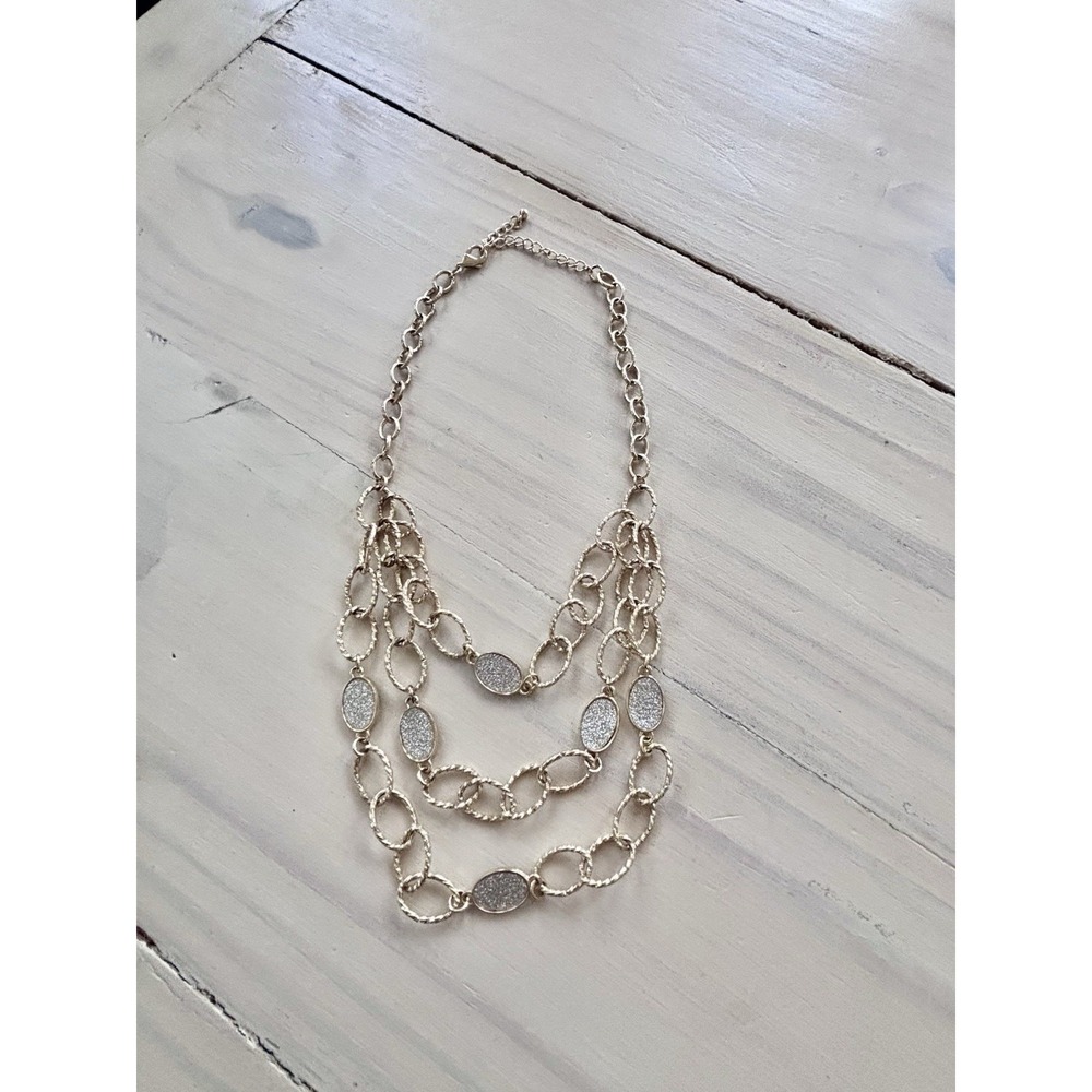 Gold Toned Textured Oval Link Statement BIB Necklace Glittery Accents EUC 19.5"